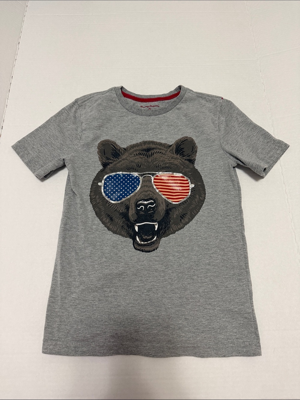 Tommy Bahama Grey Tee with Bear Wearing Patriotic Sunglasses